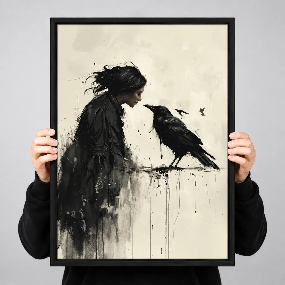 Woman and Raven Monochrome Dark Art Wall Art 3