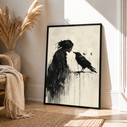 Woman and Raven Monochrome Dark Art Wall Art 4