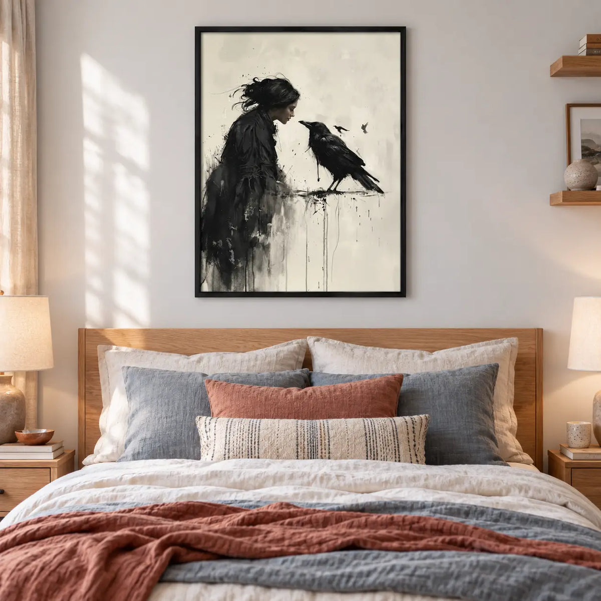 Woman and Raven Monochrome Dark Art Wall Art 5