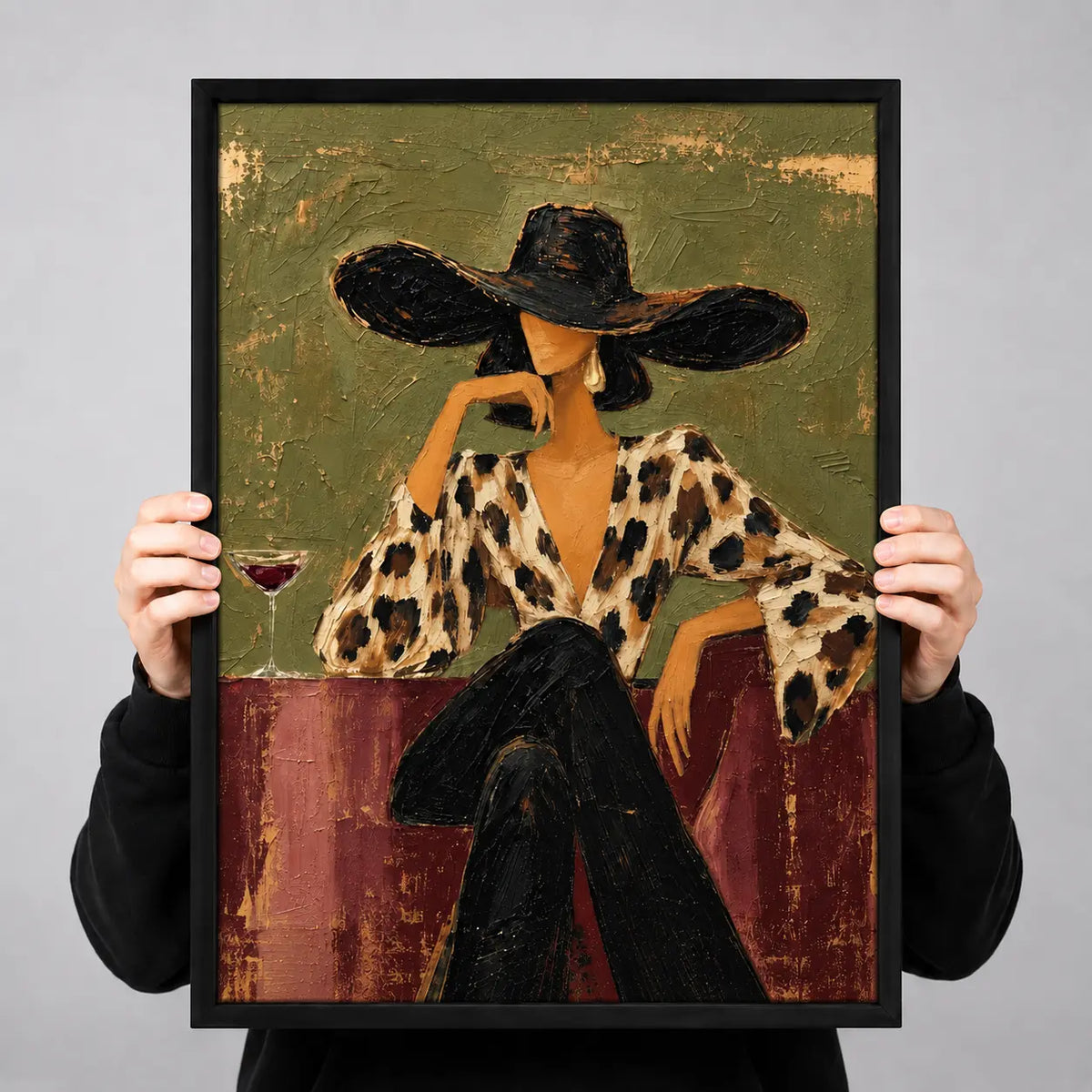 Elegant Woman Wide Hat Textured Painting Wall Art 3