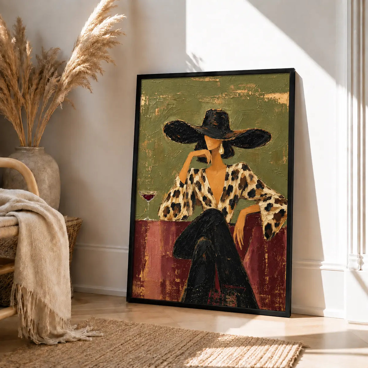 Elegant Woman Wide Hat Textured Painting Wall Art 4