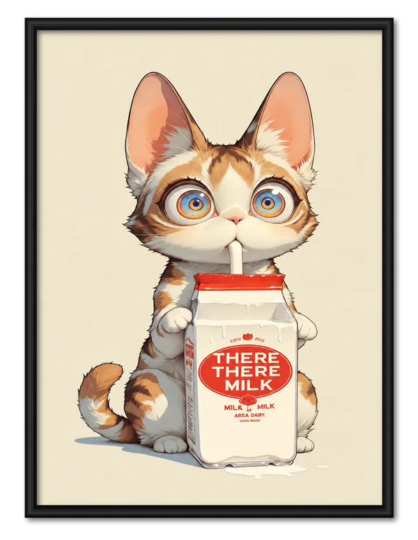 Cute Cat Drinking Milk Cartoon Wall Art