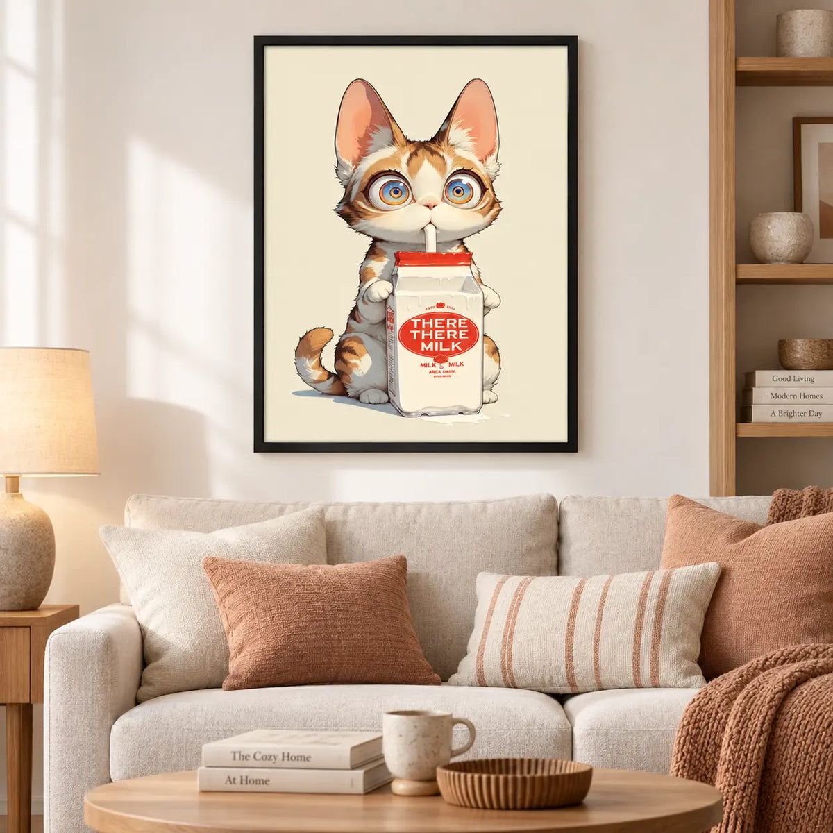 Cute Cat Drinking Milk Cartoon Wall Art 2