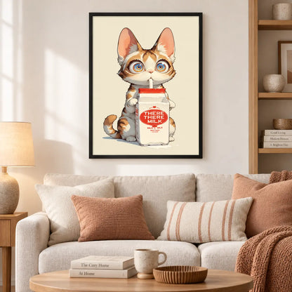 Cute Cat Drinking Milk Cartoon Wall Art 2