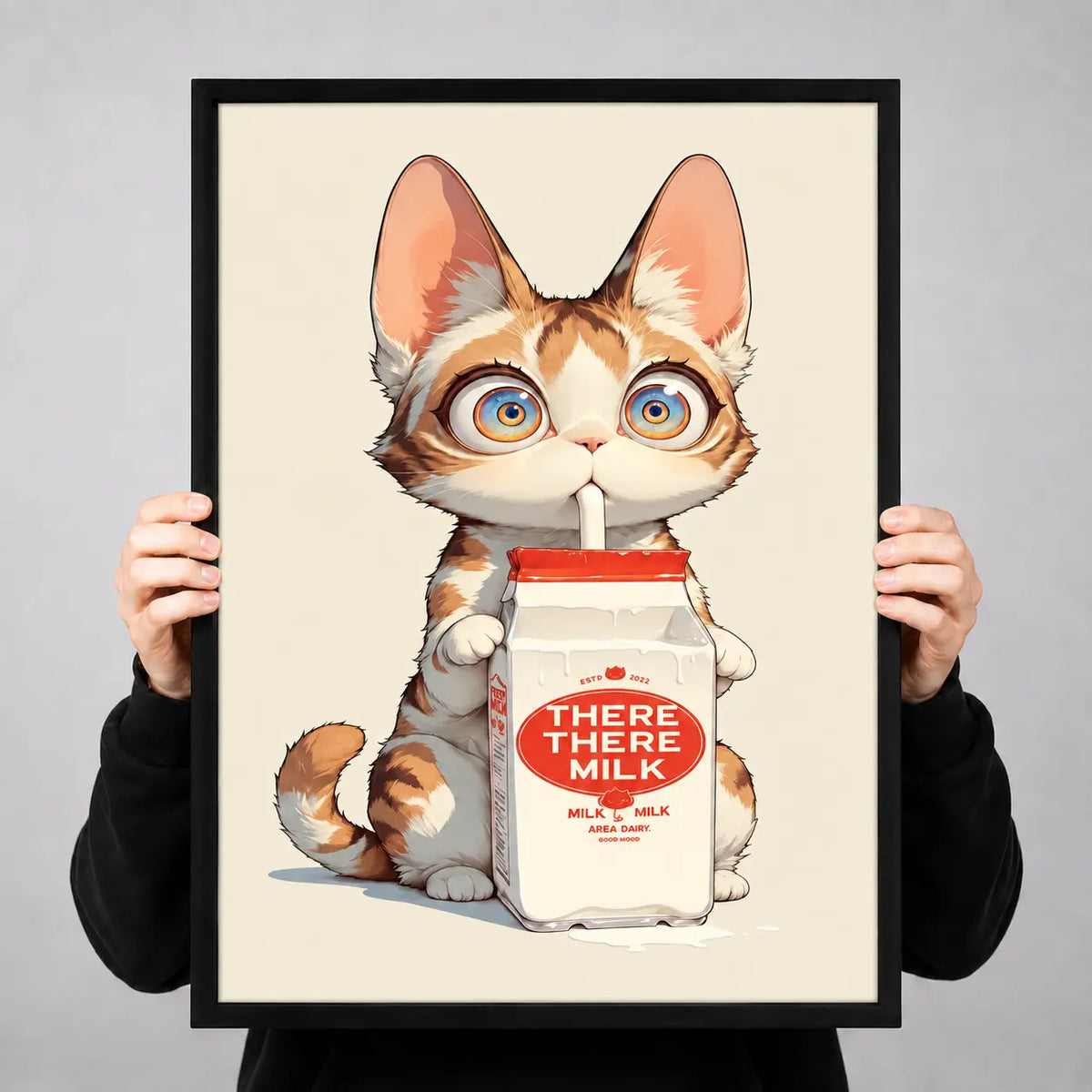 Cute Cat Drinking Milk Cartoon Wall Art 3