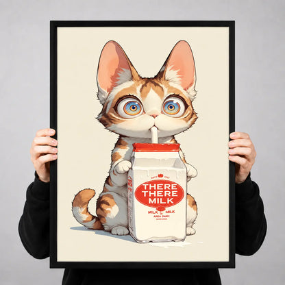 Cute Cat Drinking Milk Cartoon Wall Art 3