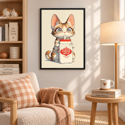Cute Cat Drinking Milk Cartoon Wall Art 5