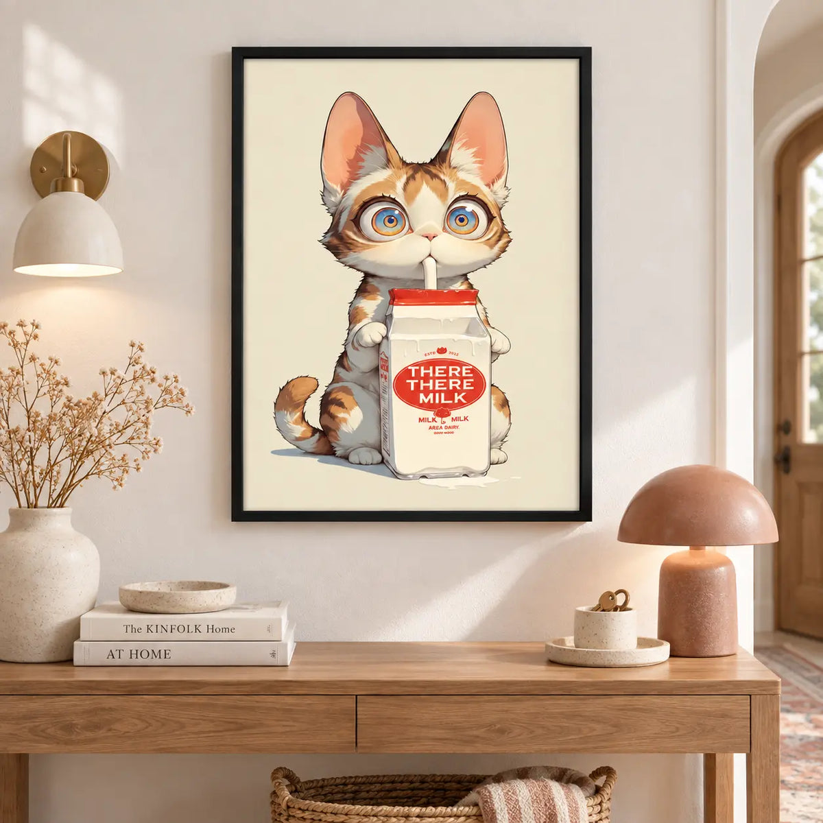 Cute Cat Drinking Milk Cartoon Wall Art 6