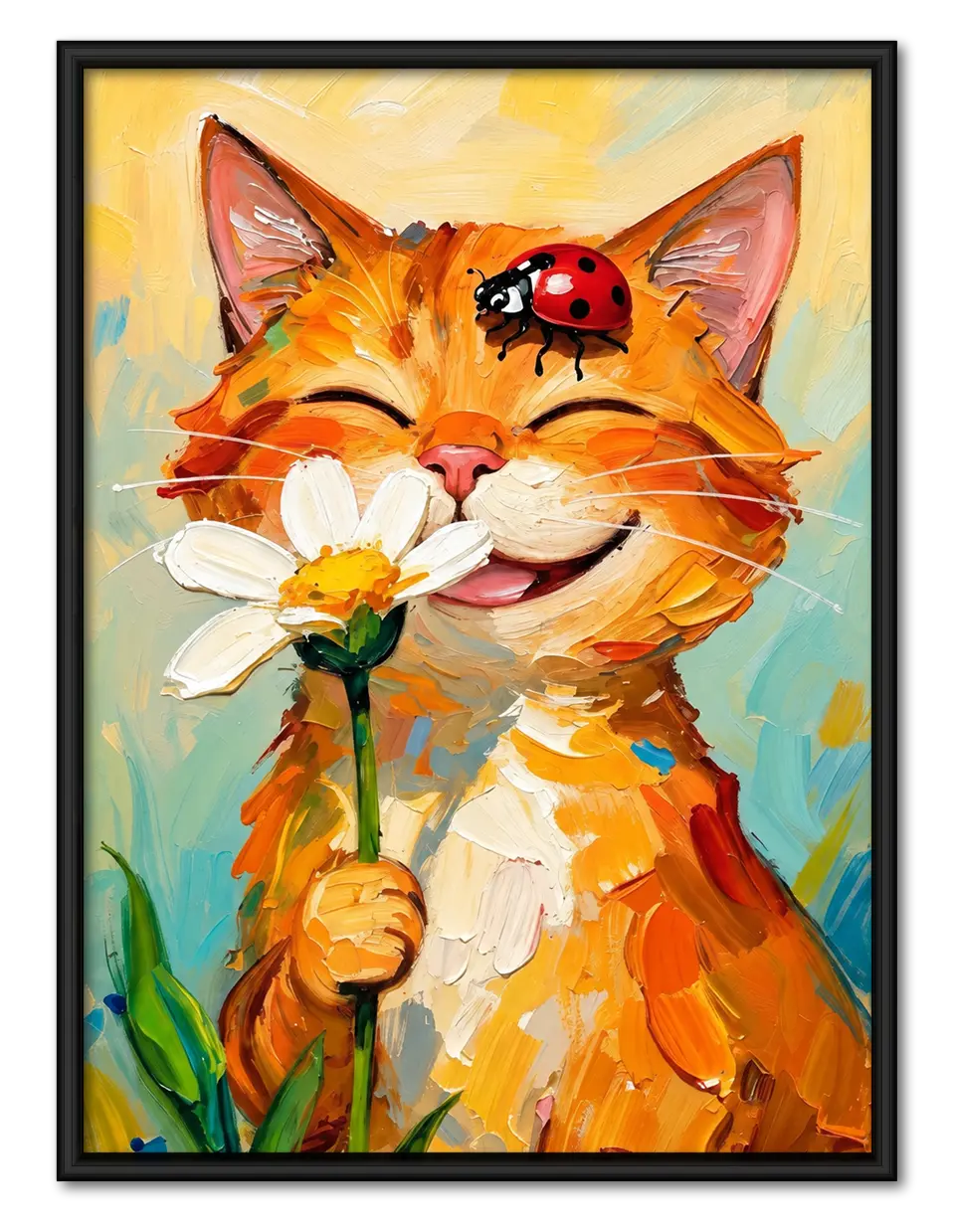 Happy Orange Cat Flower Painting Wall Art 1