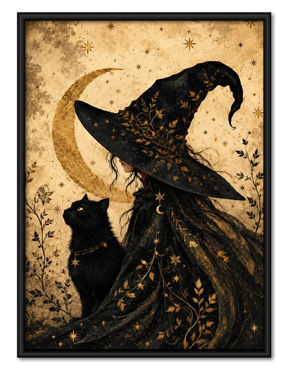 Witch and Black Cat Moon Fantasy Wall Art
