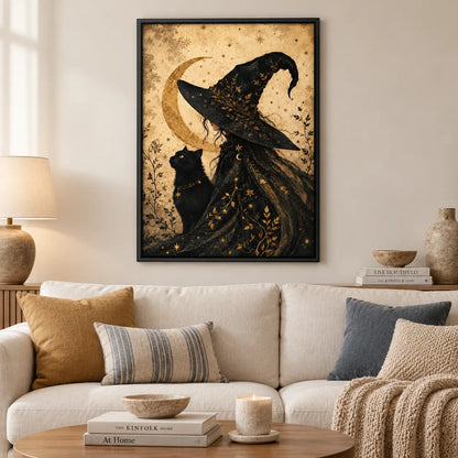 Witch and Black Cat Moon Fantasy Wall Art 2
