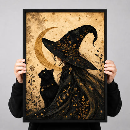 Witch and Black Cat Moon Fantasy Wall Art 3