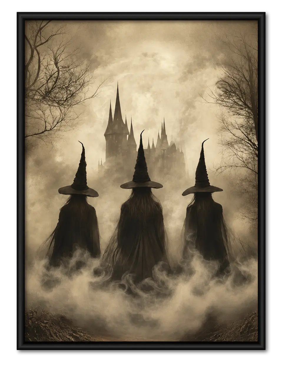 Three Witches Foggy Castle Halloween Wall Art 1