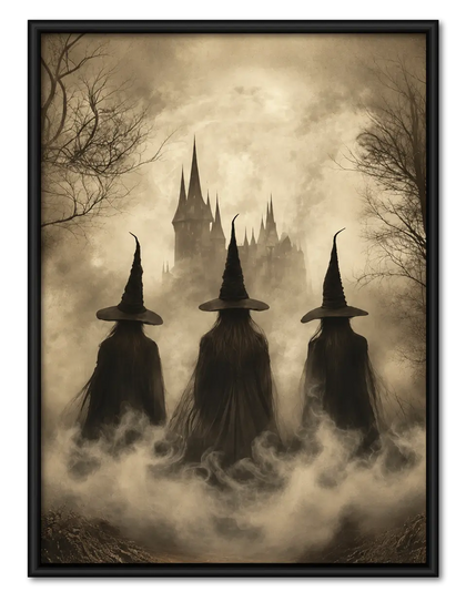 Three Witches Foggy Castle Halloween Wall Art
