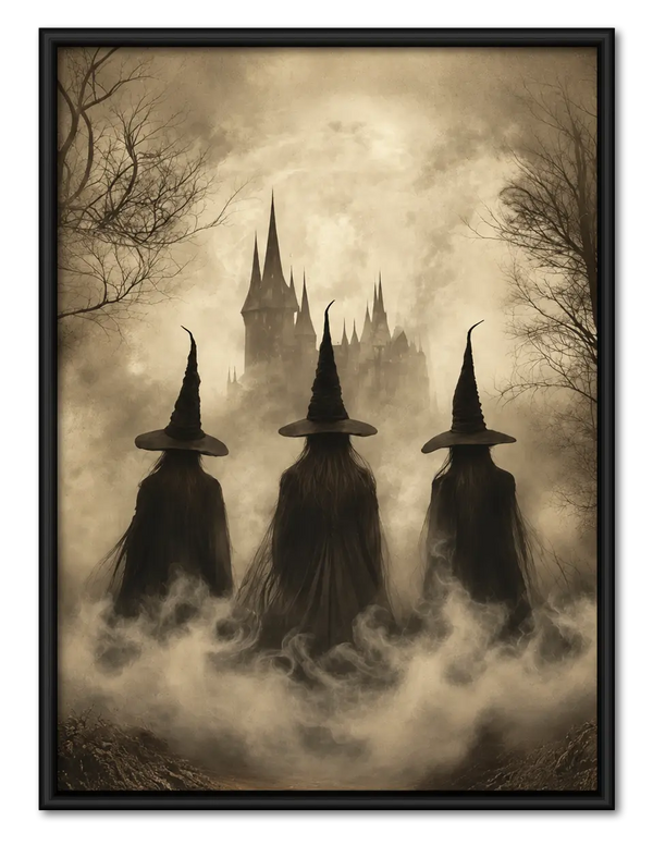 Three Witches Foggy Castle Halloween Wall Art