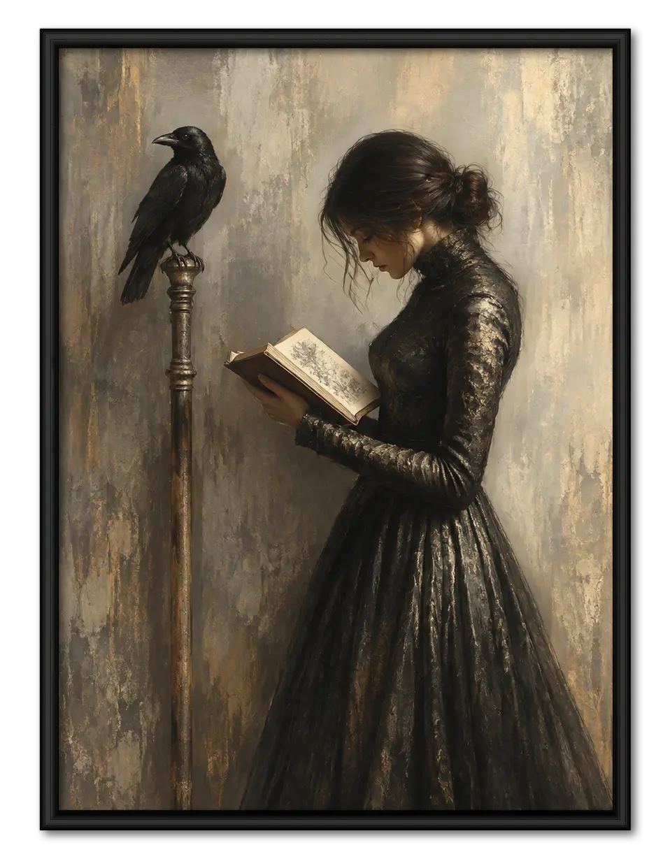 Woman Reading With Raven Dark Vintage Wall Art 1