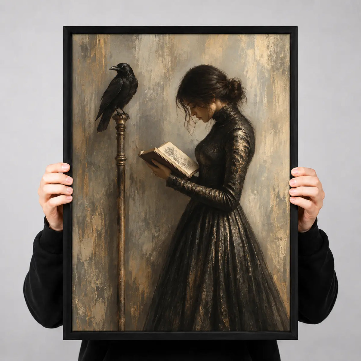 Woman Reading With Raven Dark Vintage Wall Art 3