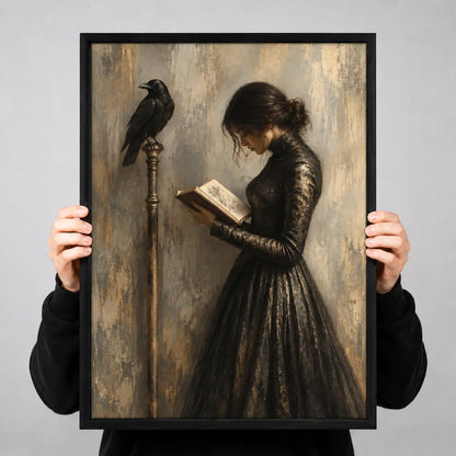 Woman Reading With Raven Dark Vintage Wall Art 3
