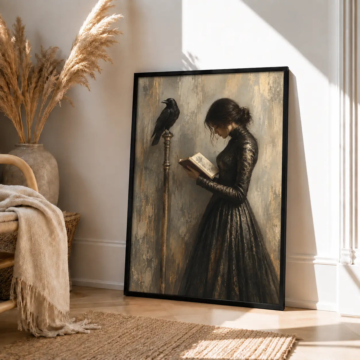 Woman Reading With Raven Dark Vintage Wall Art 4