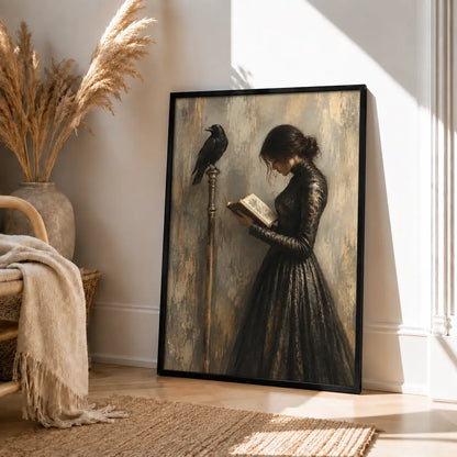 Woman Reading With Raven Dark Vintage Wall Art 4