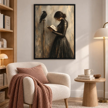 Woman Reading With Raven Dark Vintage Wall Art 6