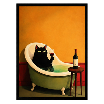 Black Cat Bath Wine Luxury Canvas Wall Art w4102