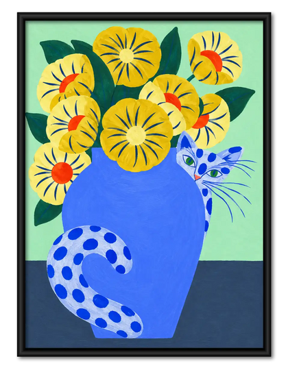 Blue Cat in Flower Vase Wall Art