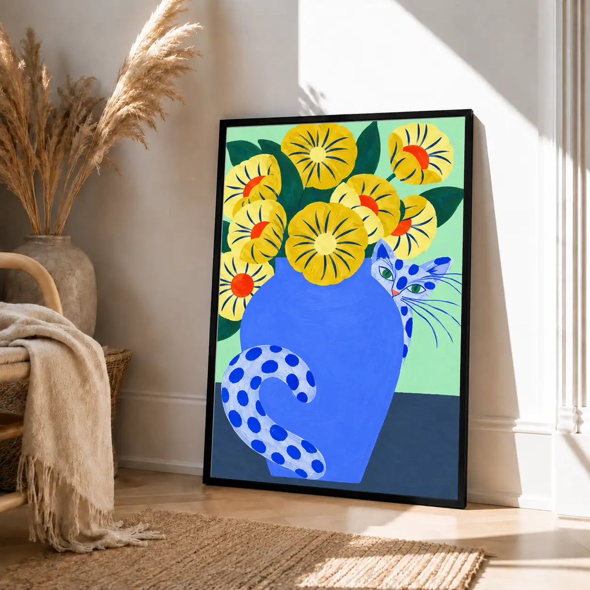 Blue Cat in Flower Vase Wall Art 4
