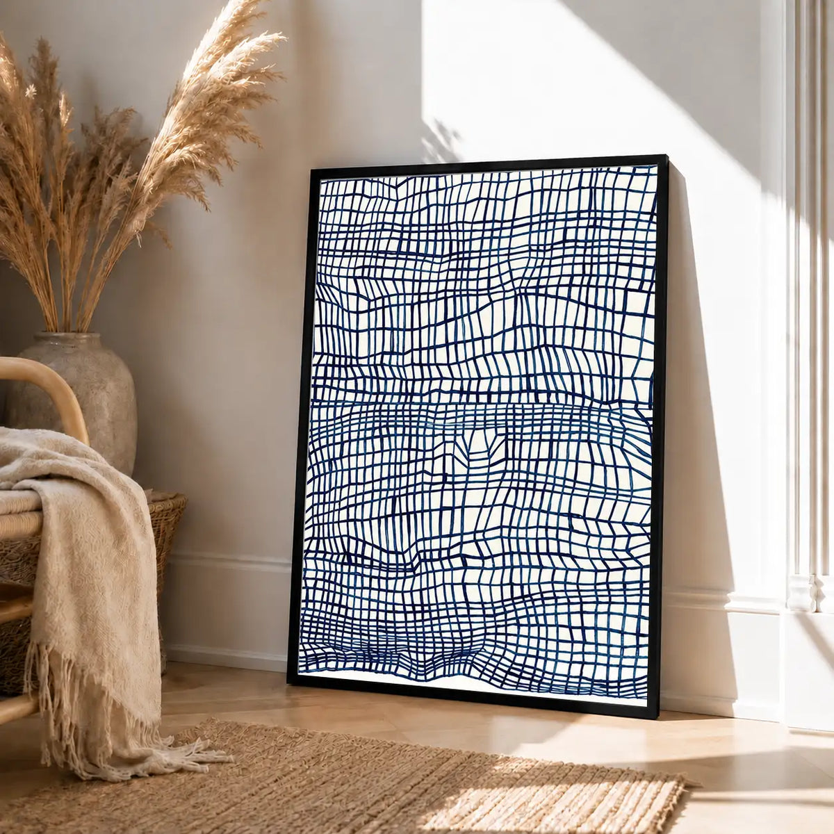 Blue Hand-Drawn Grid Abstract Wall Art 4