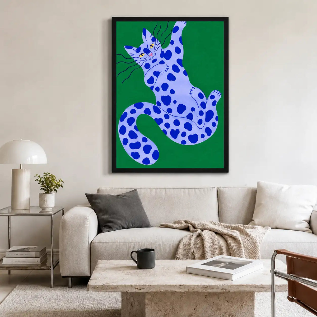 Blue Spotted Cat on Green Wall Art 2