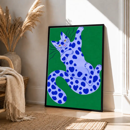 Blue Spotted Cat on Green Wall Art 4