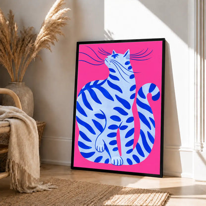 Blue Striped Cat on Hot Pink Wall Art 4
