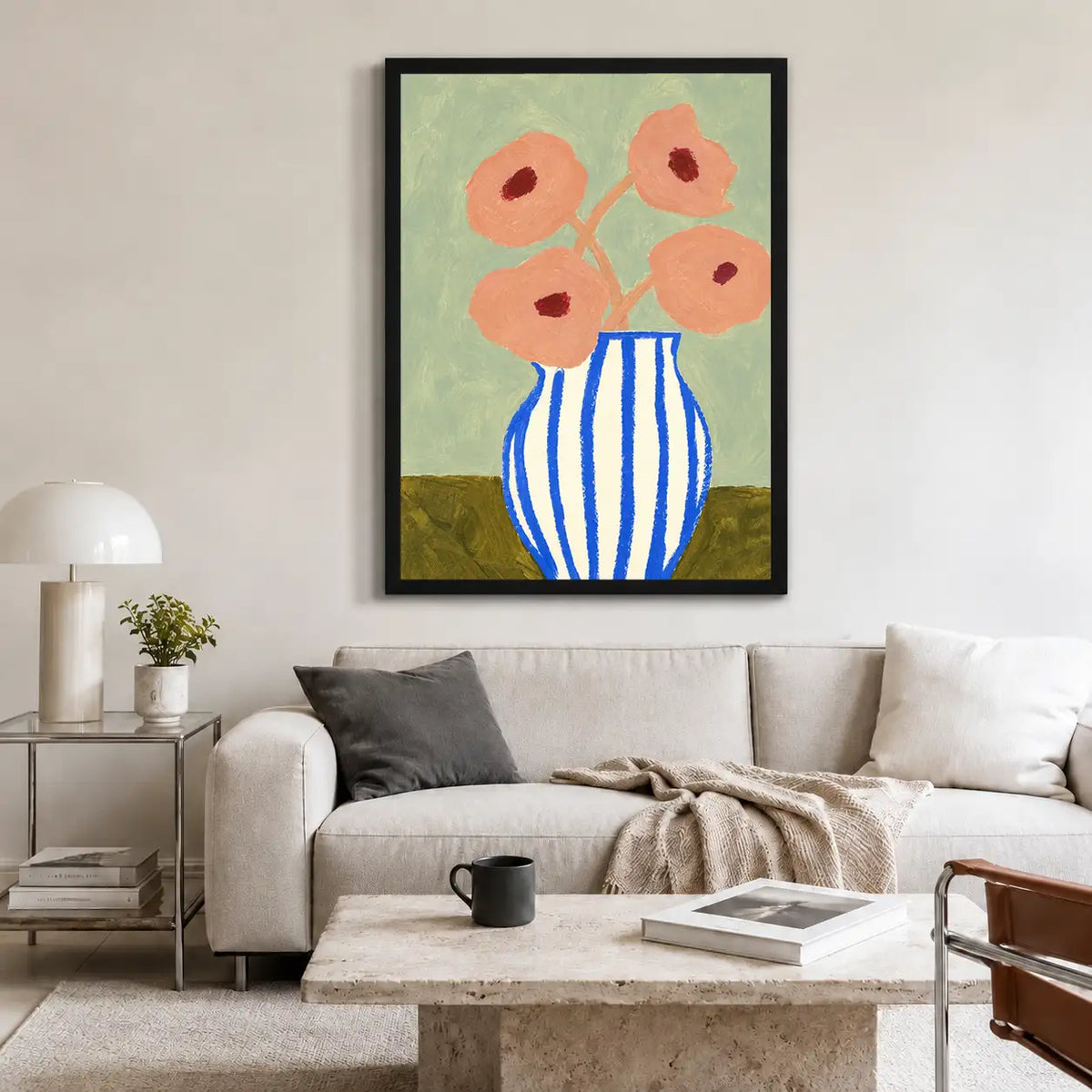 Coral Flowers in Striped Vase Wall Art 2