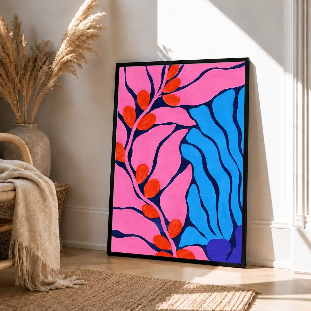 Pink Leaves and Blue River Wall Art 4