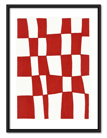 Red Wavy Checkerboard Abstract Wall Art