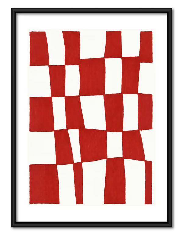 Red Wavy Checkerboard Abstract Wall Art
