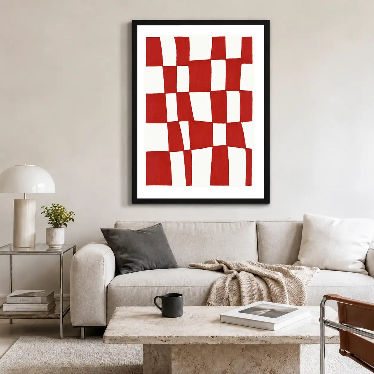 Red Wavy Checkerboard Abstract Wall Art 2