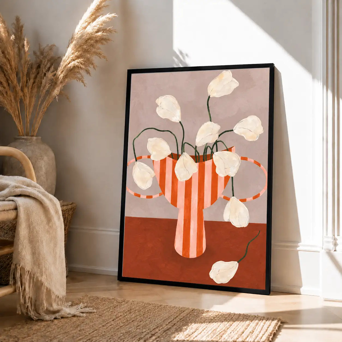 Striped Vase with White Flowers Wall Art 4