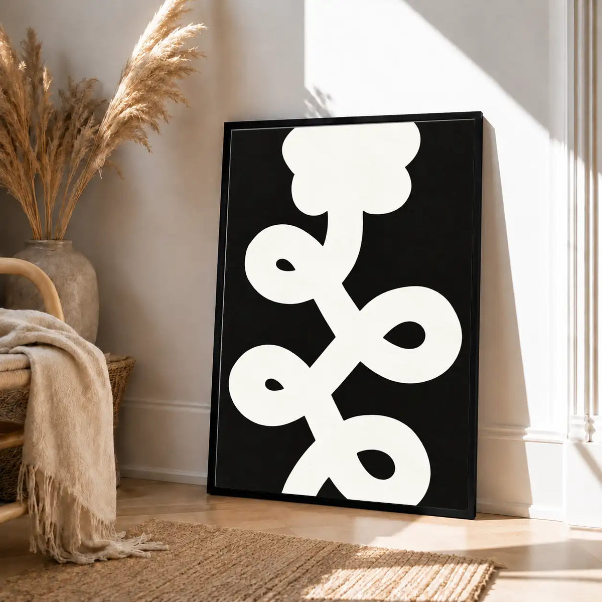 White Floral Symbol on Black Wall Art 4