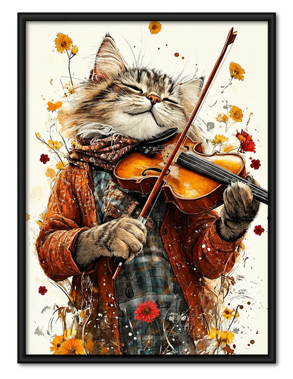 Cat Violinist Floral Music Wall Art 1