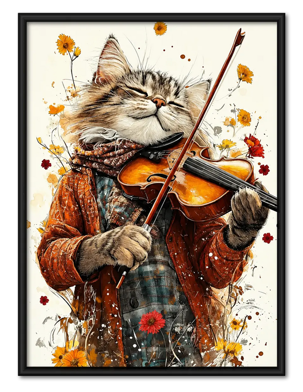 Cat Violinist Floral Music Wall Art