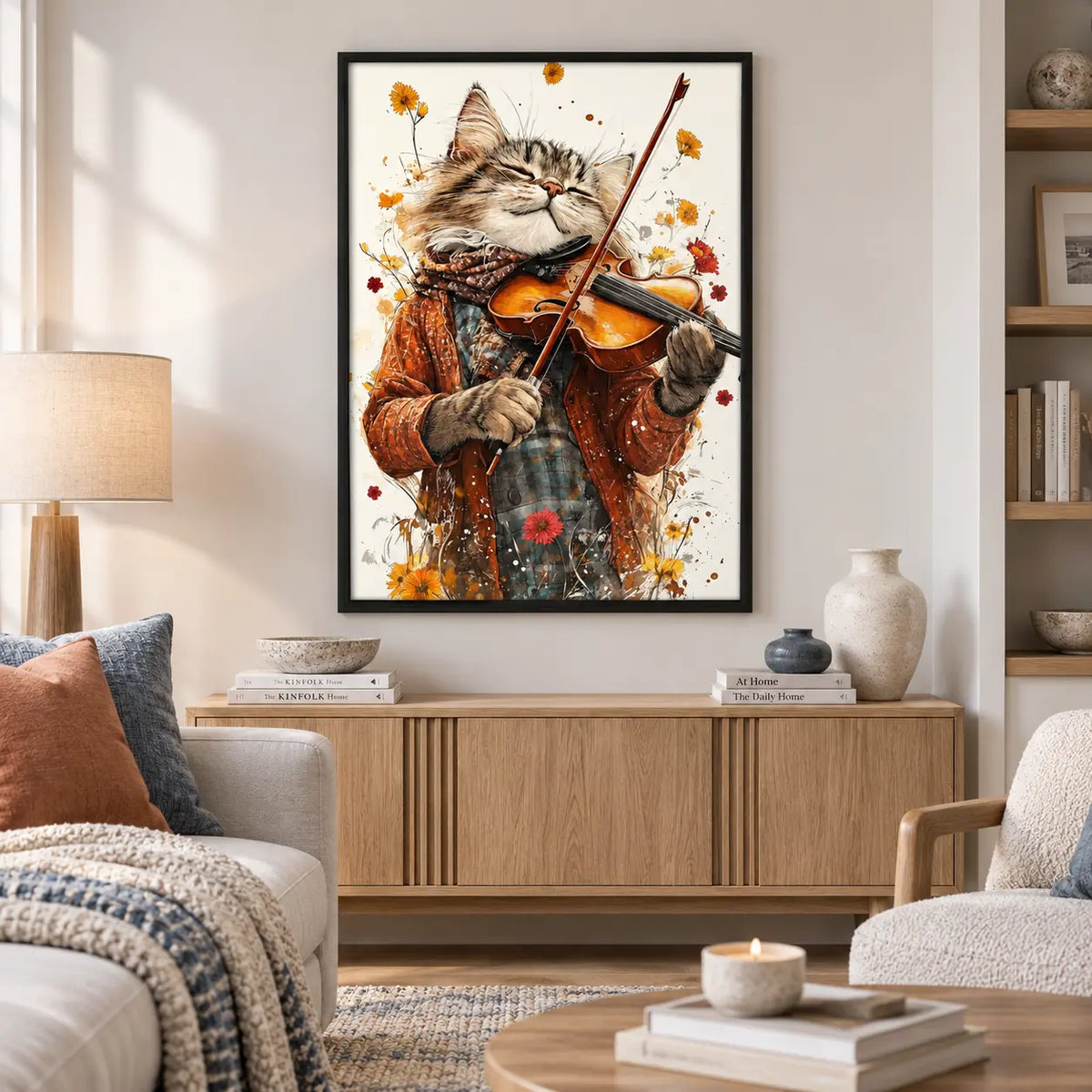 Cat Violinist Floral Music Wall Art 2