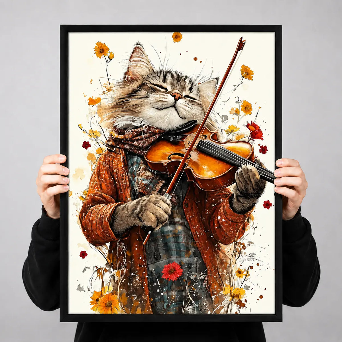 Cat Violinist Floral Music Wall Art 3