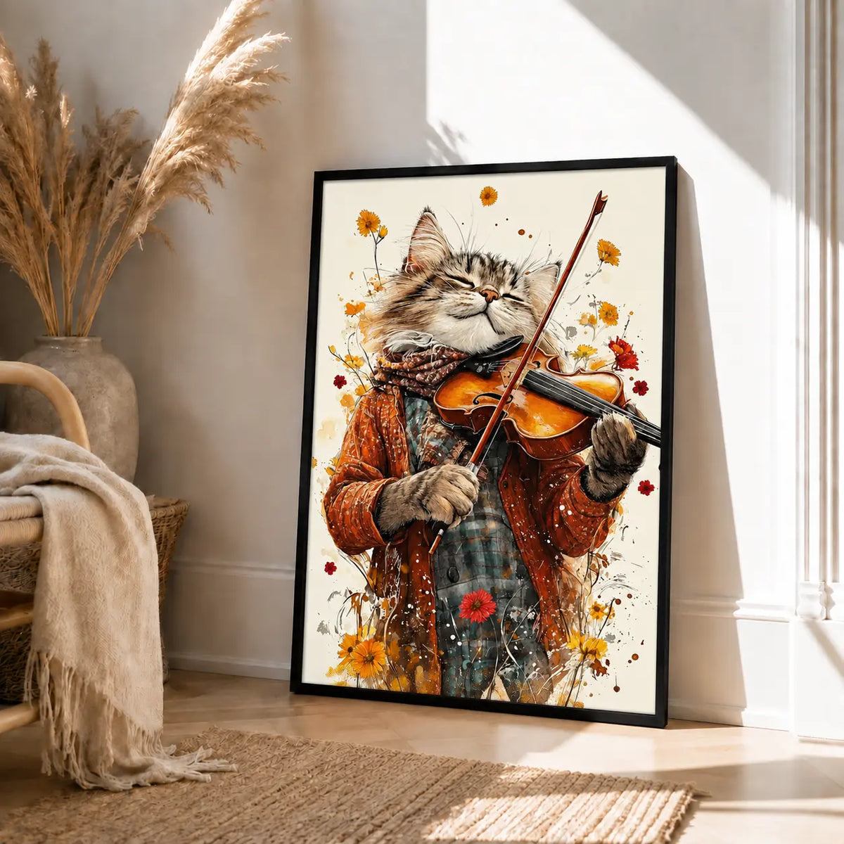 Cat Violinist Floral Music Wall Art 4