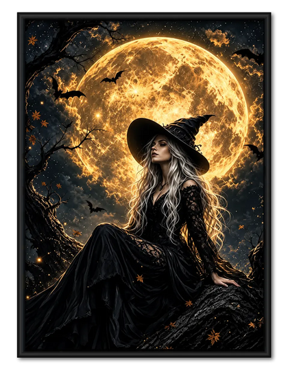 Witch Under Golden Moon Halloween Wall Art