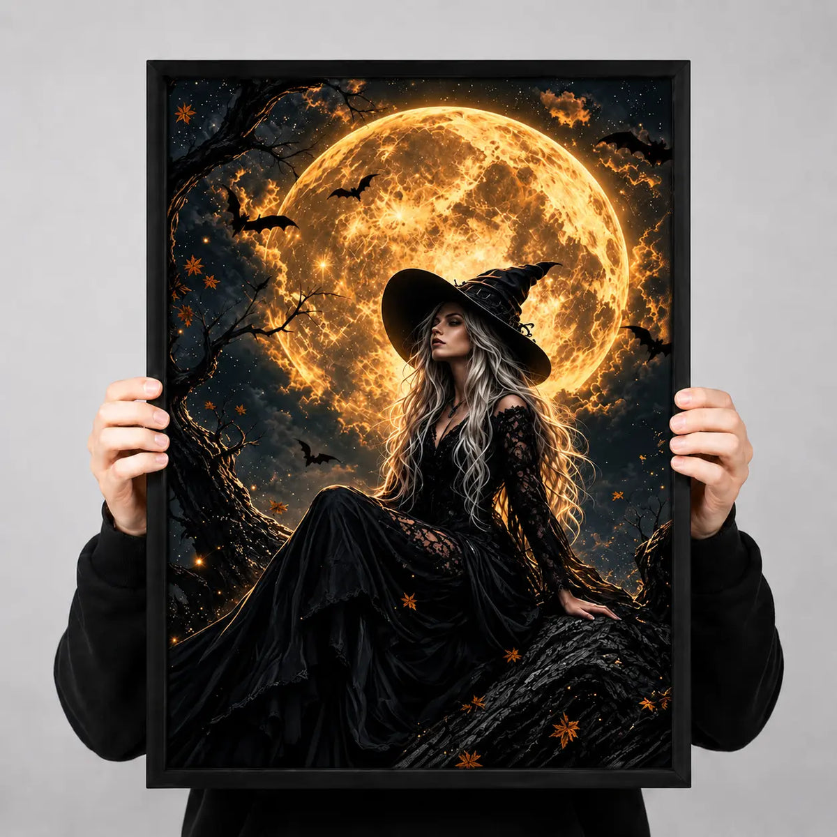 Witch Under Golden Moon Halloween Wall Art 3