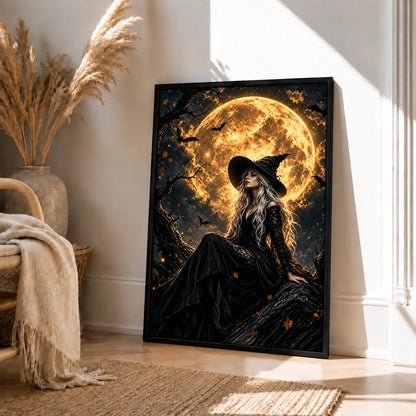 Witch Under Golden Moon Halloween Wall Art 4