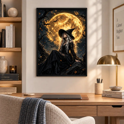 Witch Under Golden Moon Halloween Wall Art 5