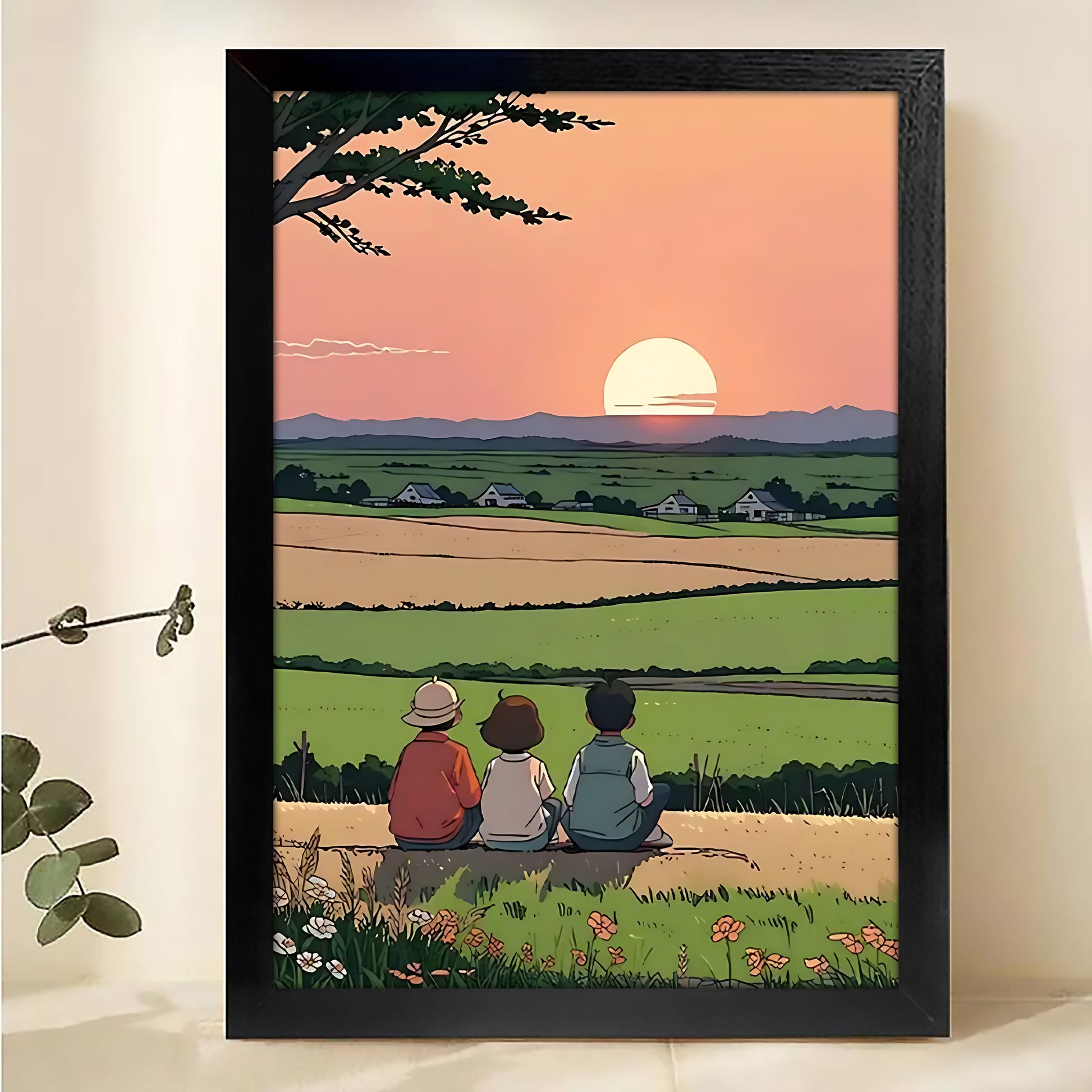 The Golden Field Rest 鈥?Cozy Rural Sunset Scene Wall Art on Natural Wood Canvas | W007