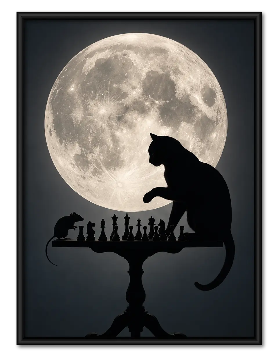 Black Cat Chess Under Full Moon Wall Art 1